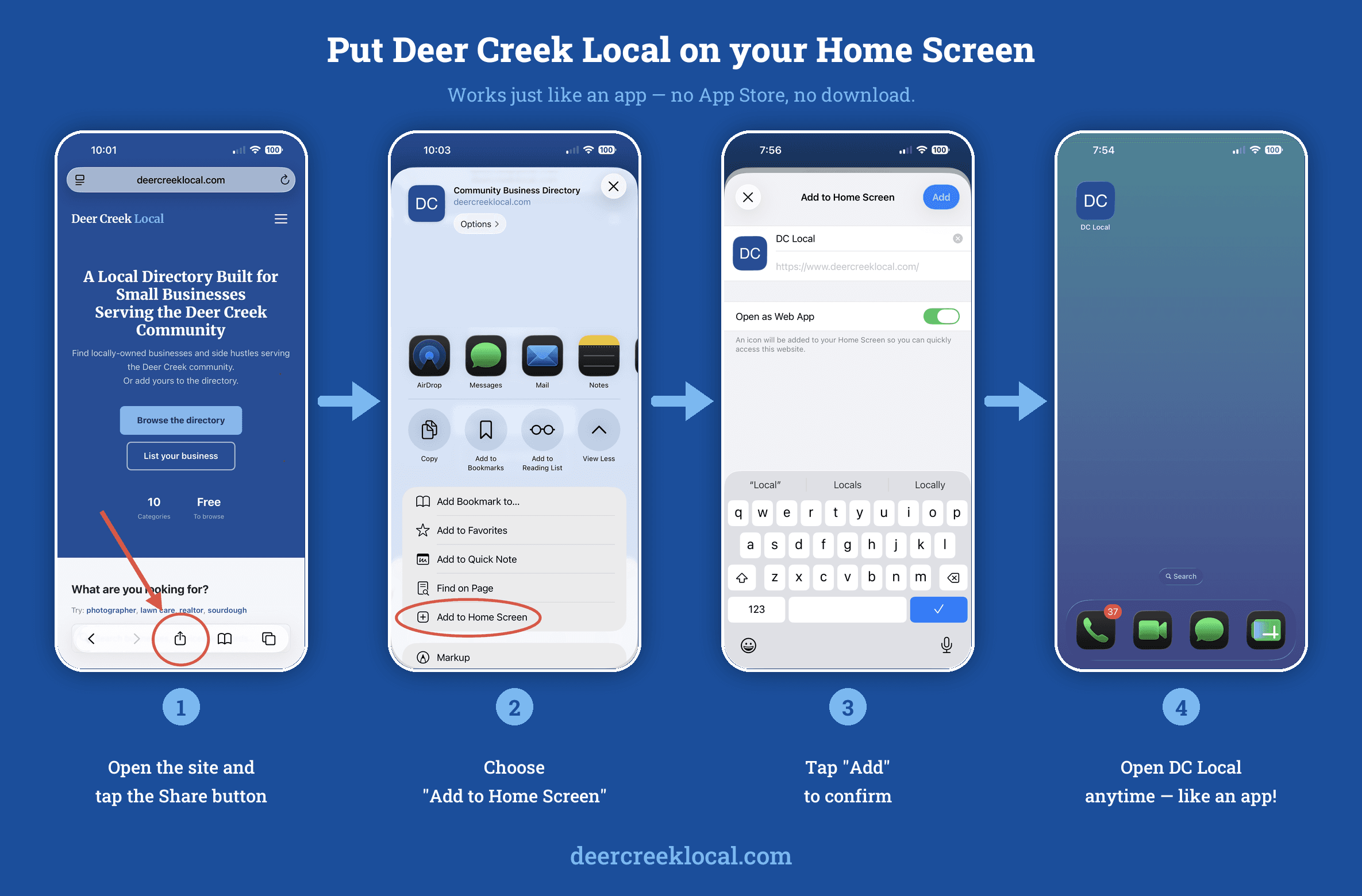 Three steps to add Deer Creek Local to your iPhone home screen: tap Share, choose Add to Home Screen, then tap the DC icon.